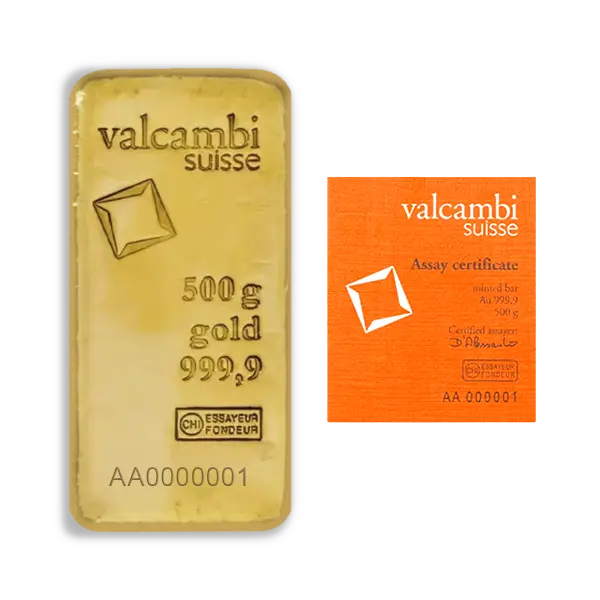 Lingot d’or 500 g Valcambi – Pureté 999,9/1000, Certificat d’authenticité inclus