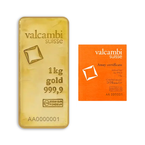 Lingot d’or 1 kg Valcambi – Or fin 999,9 ‰, Certificat d’authenticité inclus