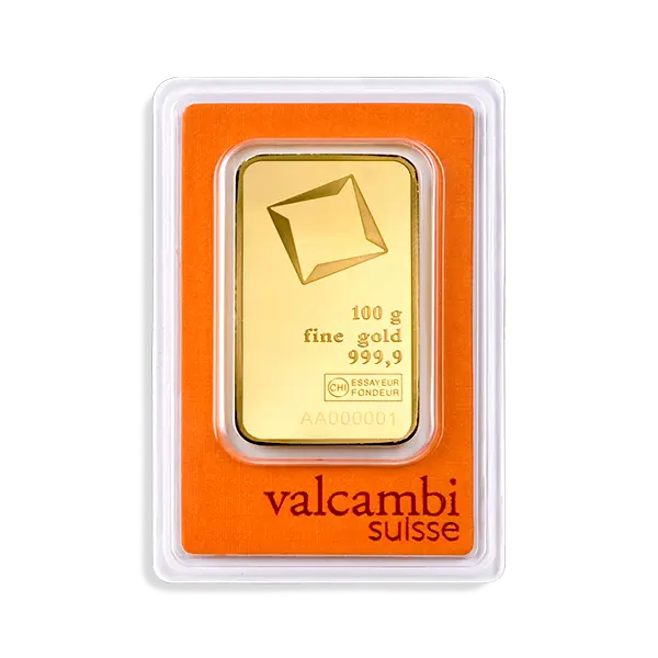 Lingot d’or 100 g Valcambi – Pureté 999,9/1000, Certicard inclus