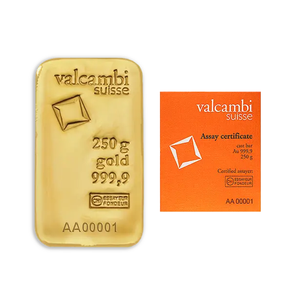 Lingot d’or 250 g Valcambi – Or fin 999,9 ‰, Certificat d’authenticité inclus – Image 2