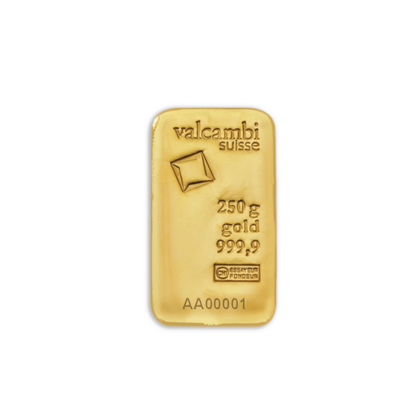 Lingot d’or 250 g Valcambi – Or fin 999,9 ‰, Certificat d’authenticité inclus